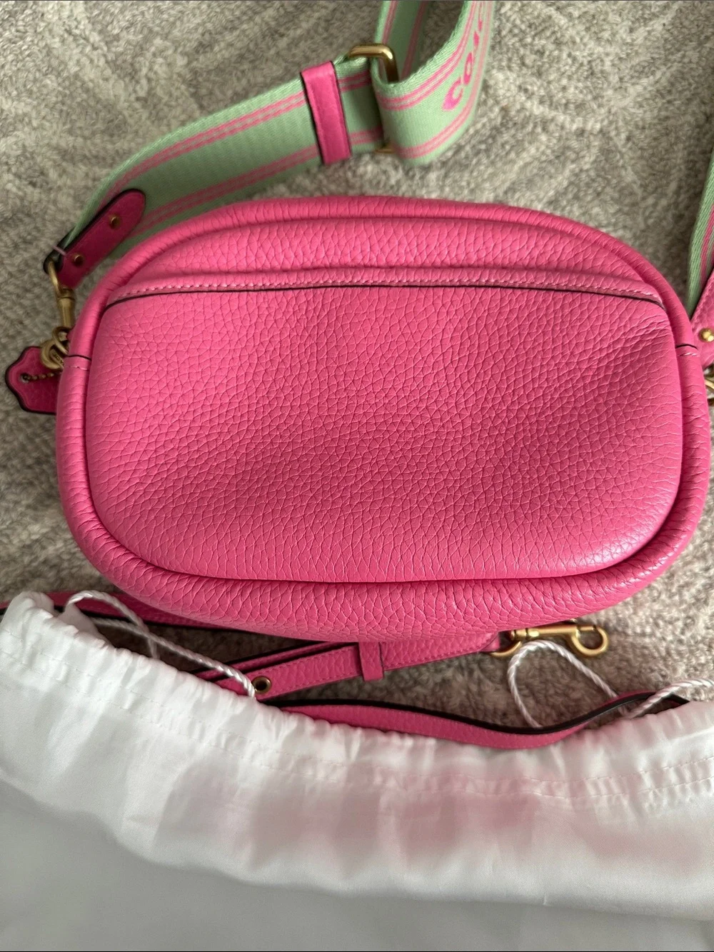 Coach Pink Pebble Leather Turnlock Crossbody with Mint-Trim Strap